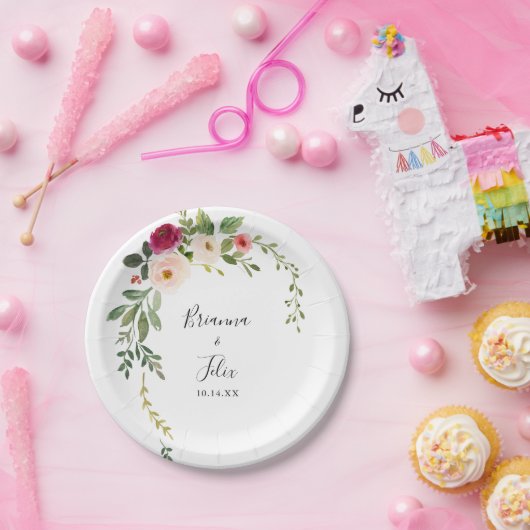 Groen Roze Blush Bloemen Bruiloft Taart Papieren Bordje (Feest)
