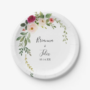 Groen Roze Blush Bloemen Bruiloft Taart Papieren Bordje