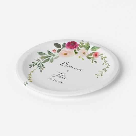 Groen Roze Blush Bloemen Bruiloft Taart Papieren Bordje (Gekanteld)