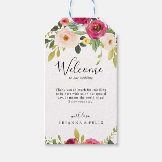 Groen Roze Blush Bloemen Bruiloft Welkom Cadeaulabel (Voorkant)