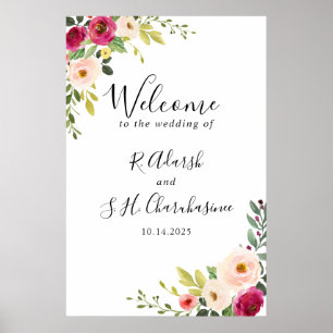 Groen Roze Blush Bloemen Bruiloft Welkom Poster