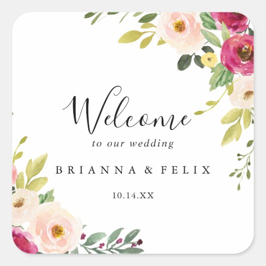 Groen Roze Blush Bloemen Bruiloft Welkom Vierkante Sticker (Voorkant)