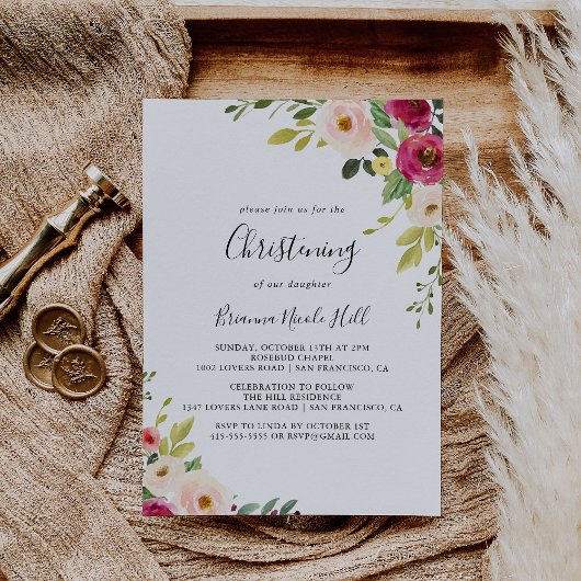 Groen Roze Blush Bloemen doopsel Kaart