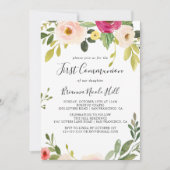 Groen Roze Blush Bloemen Eerste Communie Kaart (Voorkant)