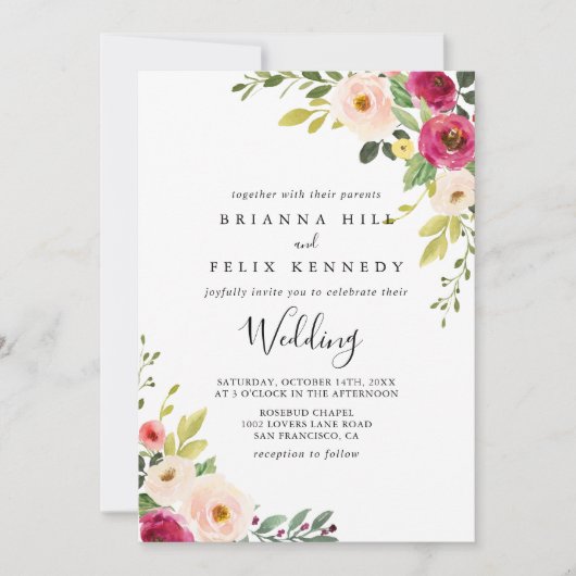 Groen Roze Blush Bloemen Voor & Achterbruiloft Kaart (Voorkant)