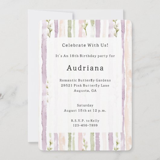 Groen Roze Blush Paars Bloem Strepen Verjaardag Kaart (Voorkant)