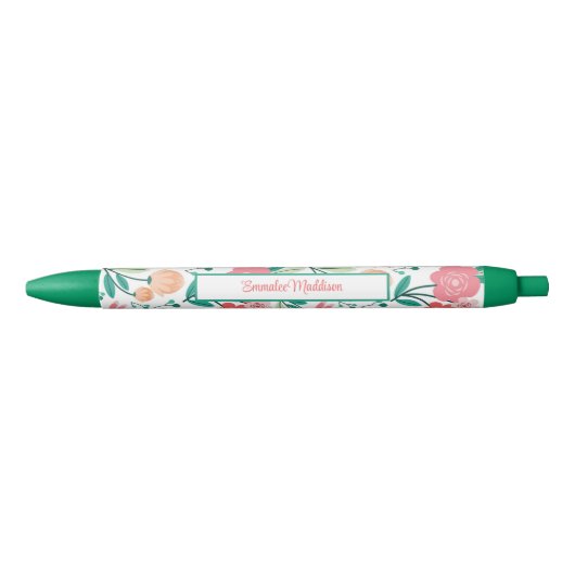 Groen Roze Boheemse Bloemendieet Monogrammed Blauwe Inkt Pen (Voorkant)