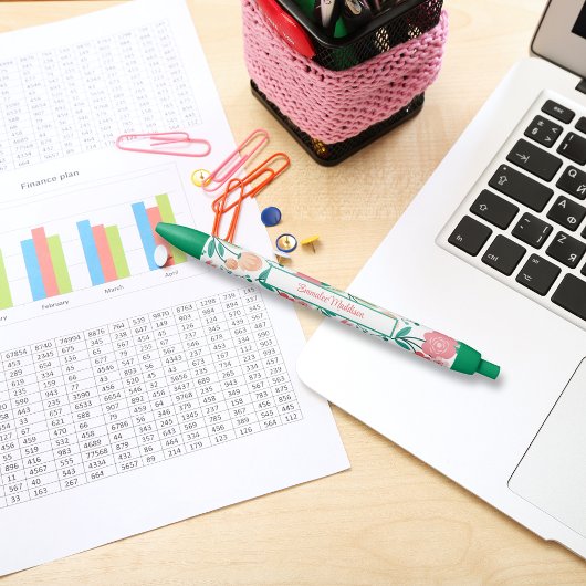 Groen Roze Boheemse Bloemendieet Monogrammed Blauwe Inkt Pen