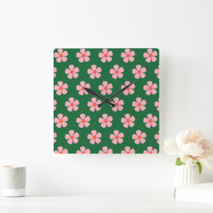 Groen Roze Bold Y2K Wildflower Levendige Home Deco Vierkante Klok