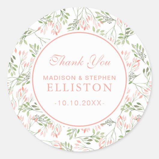 Groen & Roze Botanische Waterverf | Dank u Ronde Sticker (Voorkant)