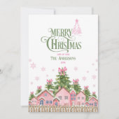 Groen & Roze Bow Christmas Village Vakantie Kaart (Voorkant)