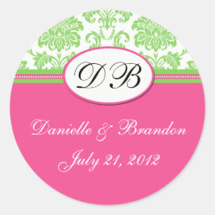 Groen roze bruidmonogram Damask Seal Ronde Sticker