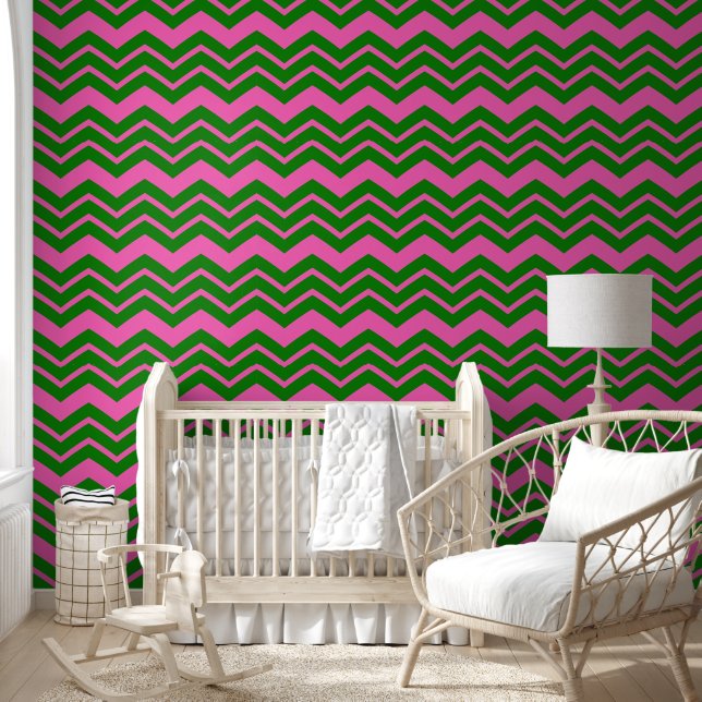 Groen Roze Chevron Zigzag Ontwerp  Behang (Kinderen)