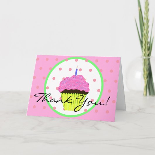 Groen Roze Cupcake Polka Dots Verjaardag Dank u Kaart (Voorkant)