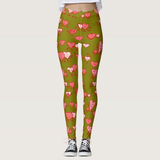 Groen Roze Dansende Harten LOving Paren Valentijn Leggings (Voorkant)