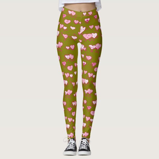 Groen Roze Dansende Harten LOving Paren Valentijn Leggings (Voorkant)