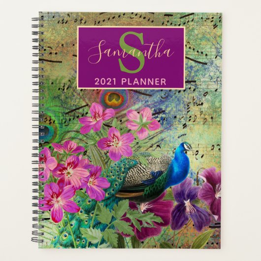  Groen, roze en goudflorje Peacock Planner (Voorkant)