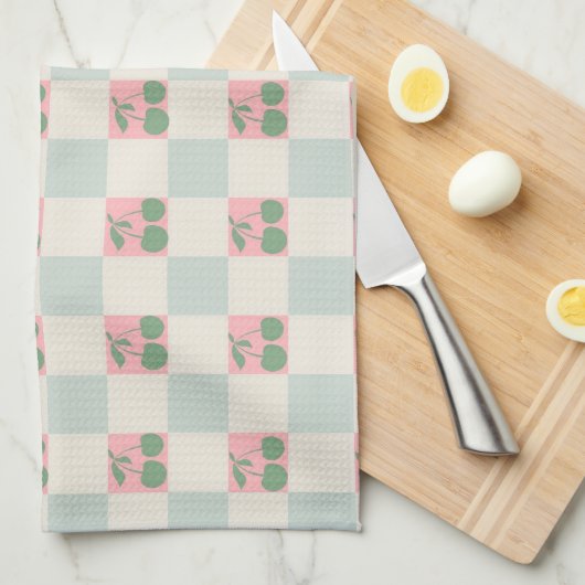 Groen Roze Esthetische Kersen Geruite Y2K Patroon Theedoek (Quarter Fold)