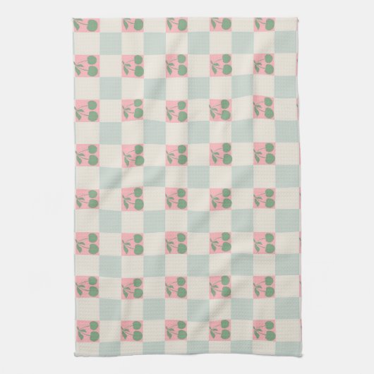 Groen Roze Esthetische Kersen Geruite Y2K Patroon Theedoek (Verticaal)