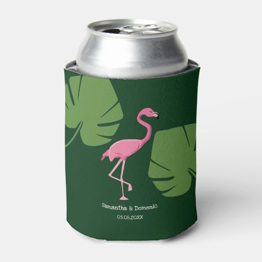 Groen Roze flamingo Naam Bestemming Bruiloft Blikjeskoeler (Blikje Voorkant)