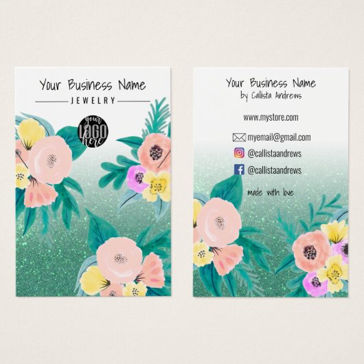 Groen roze Floral Glitter Logo Display Visitekaartje (Voorkant /achterkant)