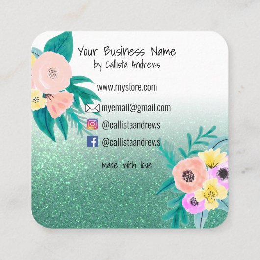 Groen roze Floral Glitter Logo Earning Display Vierkante Visitekaartje (Achterkant)