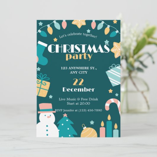 Groen Roze Geel Grappig Kerstfeest Uitnodiging (Staand voorkant)