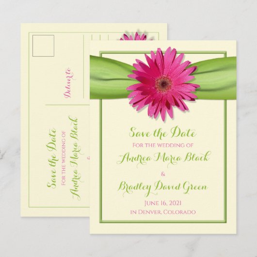Groen Roze Gerbera Daisy Wedding Save the Date Aankondigingskaart (Voorkant / Achterkant)