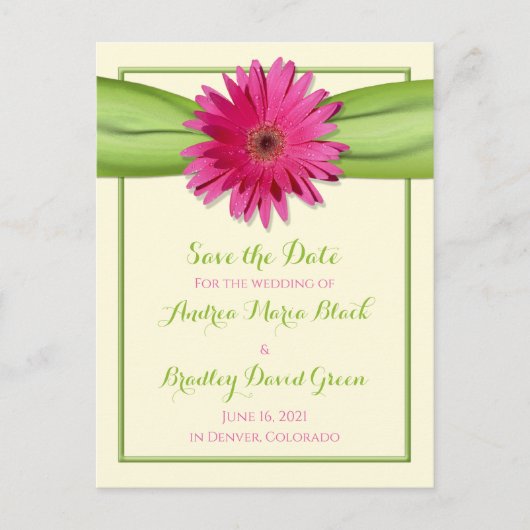 Groen Roze Gerbera Daisy Wedding Save the Date Aankondigingskaart (Voorkant)