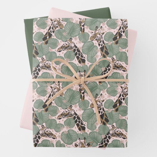Groen & Roze Giraffe Safari Wrapping Paper Set (In situ)