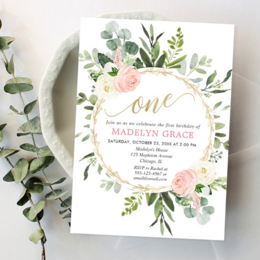 Groen roze goud elegant meisje 1e verjaardag kaart