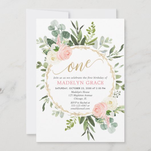 Groen roze goud elegant meisje 1e verjaardag kaart (Voorkant)