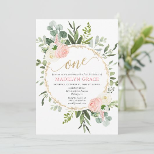 Groen roze goud elegant meisje 1e verjaardag kaart (Staand voorkant)