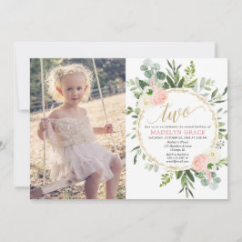 Groen roze goud elegant meisje 2e verjaardag foto kaart