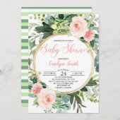 Groen roze goudWaterverf Botanisch Baby shower Kaart (Voorkant / Achterkant)
