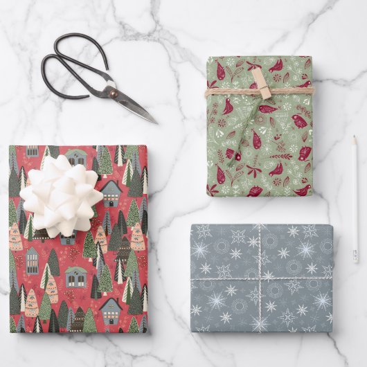 Groen Roze Grijs Kerstbos Dorp Inpakpapier Vel (Voorkant)