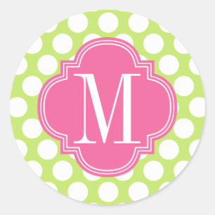 Groen & Roze Grote Polka-Dots Monogrammed Ronde Sticker