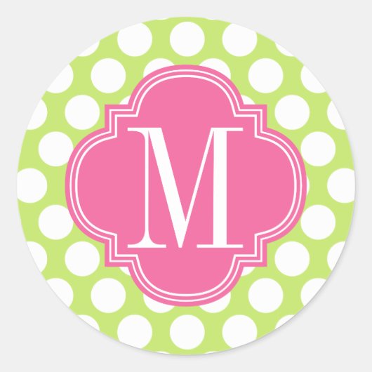 Groen & Roze Grote Polka-Dots Monogrammed Ronde Sticker (Voorkant)