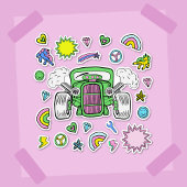 Groen roze Hot Rod Car en Eenhoorn sticker blad
