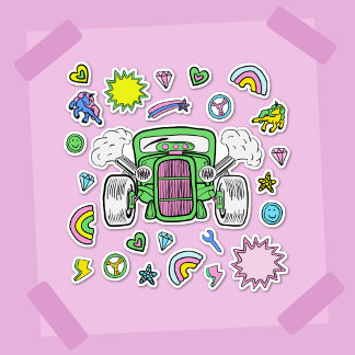 Groen roze Hot Rod Car en Eenhoorn sticker blad