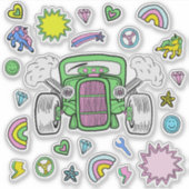 Groen roze Hot Rod Car en Eenhoorn sticker blad (Voorkant)