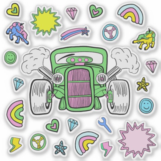 Groen roze Hot Rod Car en Eenhoorn sticker blad (Voorkant)