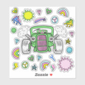 Groen roze Hot Rod Car en Eenhoorn sticker blad (Vel)