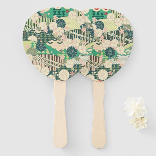  Groen Roze Japans Kimono Bloembloem Handwaaier (Voorkant en achterkant)