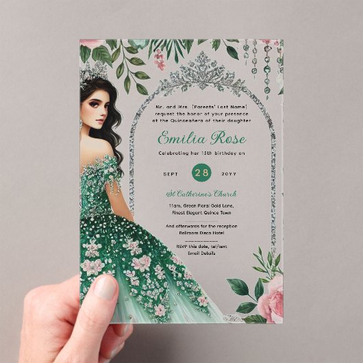 Groen Roze Jurk Quinceañera Zilver Mis Quince Acryl Uitnodigingen (Insitu (Draagbaar))