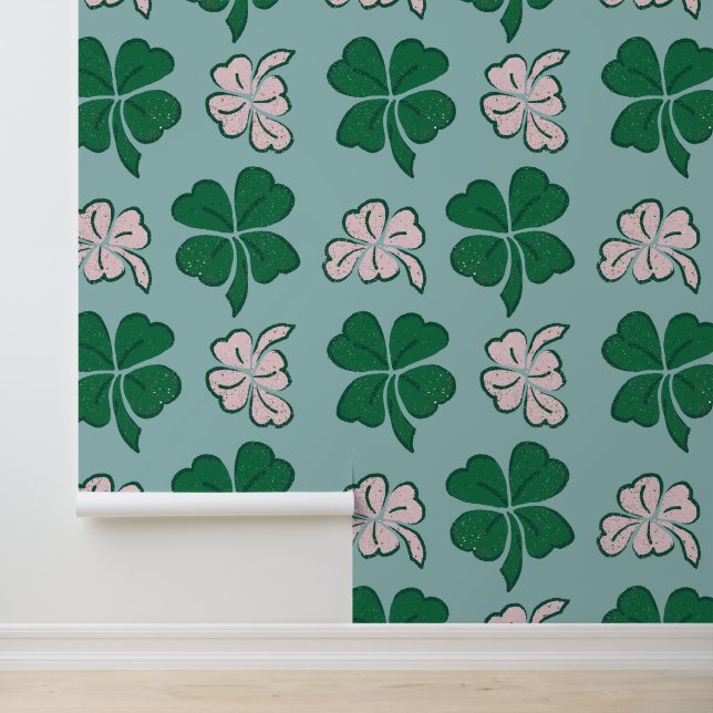 Groen Roze Klaver Shamrock Hand getrokken Patroon Behang (Applicatie)