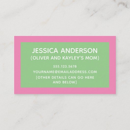 Groen & Roze Kleurenblok Speelbare Speeldatum Contactkaartje (Achterkant)