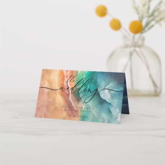 Groen Roze Oceaan Strand Groene Bruiloft Waterverf Plaatskaartje (Achterkant)