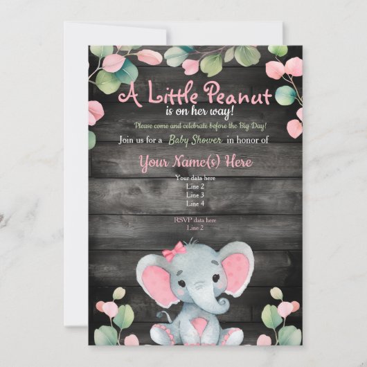 Groen Roze Olifant Baby shower uitnodiging Rustiek (Voorkant)