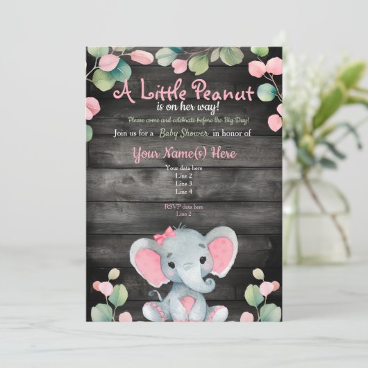 Groen Roze Olifant Baby shower uitnodiging Rustiek (Staand voorkant)